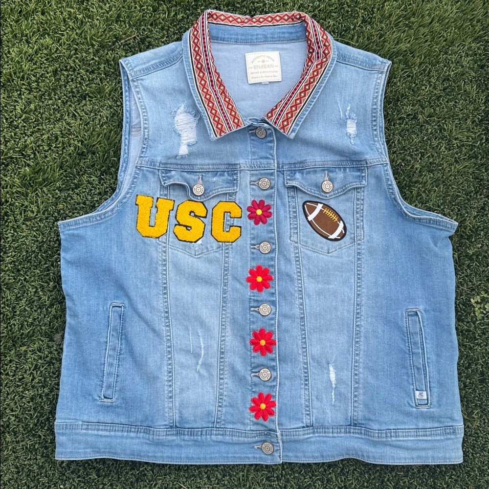 USC University of Southern California Trojans Football Denim Vest Retro Patches